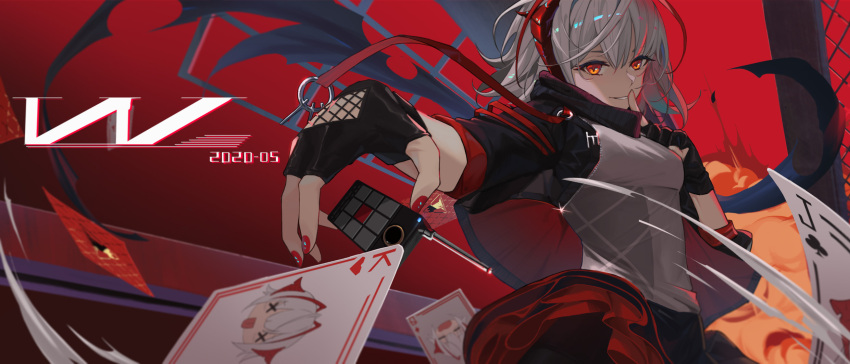 1girl arknights bangs black_gloves black_jacket card character_name detonator explosion fingerless_gloves gloves grin hair_between_eyes highres index_finger_raised jacket limi26 looking_at_viewer multicolored_hair nail_polish open_mouth playing_card red_background red_eyes red_nails shirt short_hair sleeves_rolled_up smile solo streaked_hair teeth w_(arknights) white_hair white_shirt