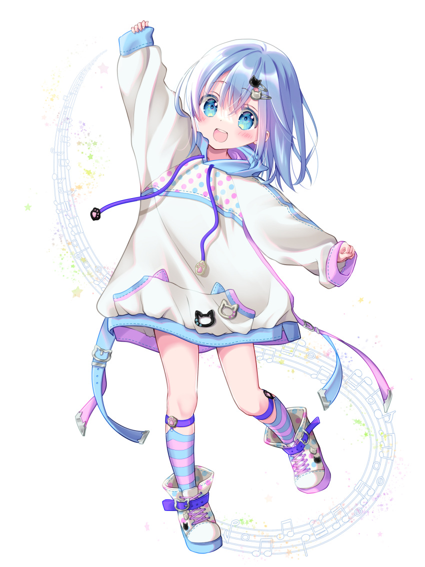 1girl :d ankle_socks blue_eyes blue_hair cat_hair_ornament cat_ornament chain_paradox full_body hair_ornament highres hood hood_down hoodie kyuubi_mika long_sleeves musical_note no_pants official_art open_mouth oversized_clothes shoes short_hair sleeves_past_wrists smile striped striped_legwear transparent_background