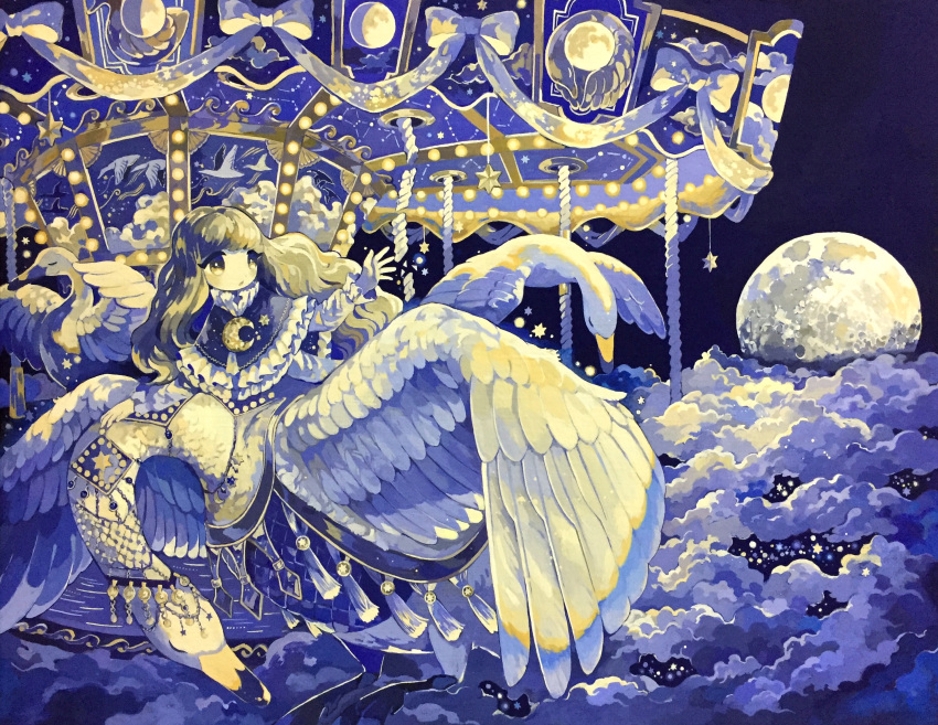 1girl above_clouds acrylic_paint_(medium) animal arm_up bangs bird blue_capelet blue_sky blush brown_eyes brown_hair capelet carousel closed_eyes clothed_animal clouds commentary_request constellation_print crescent flying frilled_capelet frilled_sleeves frills full_moon highres jewelry long_hair long_sleeves moon night open_mouth original outdoors painting_(medium) ribbon riding sidelocks sky solo star_(sky) star_(symbol) susutouka swan swept_bangs tassel traditional_media white_ribbon