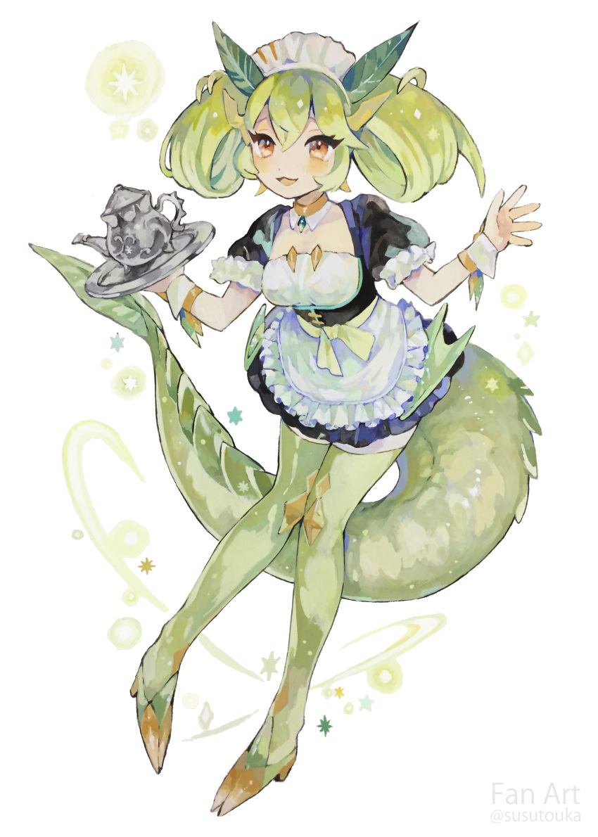 1girl :3 absurdres acrylic_paint_(medium) apron artist_name bangs black_dress blush boots breasts collarbone commentary_request detached_collar dragon_girl dragonmaid_parla dress english_text frilled_apron frilled_sleeves frills full_body green_footwear green_hair green_legwear green_tail green_theme green_wings hair_between_eyes hair_ornament hair_rings hands_up happy highres holding holding_tray knees_together_feet_apart leaf_hair_ornament looking_at_viewer low_wings maid maid_headdress medium_breasts medium_hair monster_girl open_mouth painting_(medium) partial_commentary pigeon-toed red_eyes short_dress sidelocks smile solo sparkle standing star_(symbol) susutouka teapot thigh-highs thigh_boots tied_hair traditional_media tray twintails twitter_username waist_apron watermark white_apron wings wrist_cuffs yu-gi-oh! zettai_ryouiki