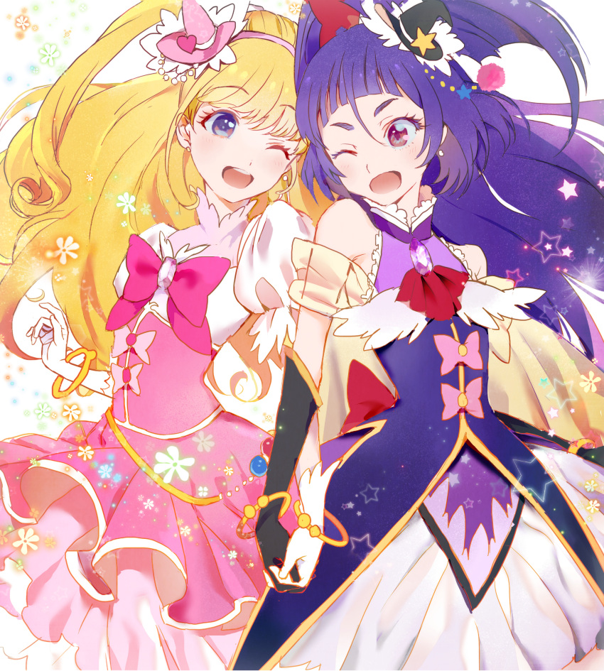 2girls ;d back_bow bangs black_gloves black_headwear blonde_hair blue_eyes bow bowtie bracelet cure_magical cure_miracle earrings elbow_gloves eyebrows_visible_through_hair floating_hair gloves hat highres jewelry jun_(nad-j) long_hair mahou_girls_precure! mini_hat mini_witch_hat multiple_girls one_eye_closed open_mouth pink_headwear pink_skirt precure purple_hair red_bow red_neckwear shirt short_sleeves side_ponytail skirt smile standing underbust very_long_hair violet_eyes white_gloves white_shirt white_skirt witch_hat