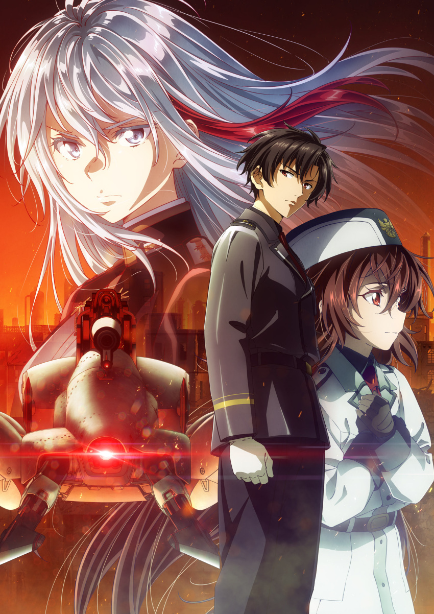 1boy 2girls 86_-eightysix- absurdres bangs black_gloves black_jacket blue_eyes blue_jacket brown_hair clenched_hand frederica_rosenfort gloves glowing glowing_eyes hair_between_eyes hand_on_own_chest highres jacket key_visual looking_at_viewer mecha multicolored_hair multiple_girls official_art one-eyed promotional_art red_eyes redhead science_fiction shinei_nouzen silver_hair streaked_hair v-shaped_eyebrows vladilena_millize white_gloves white_headwear white_jacket xm2_reginleif