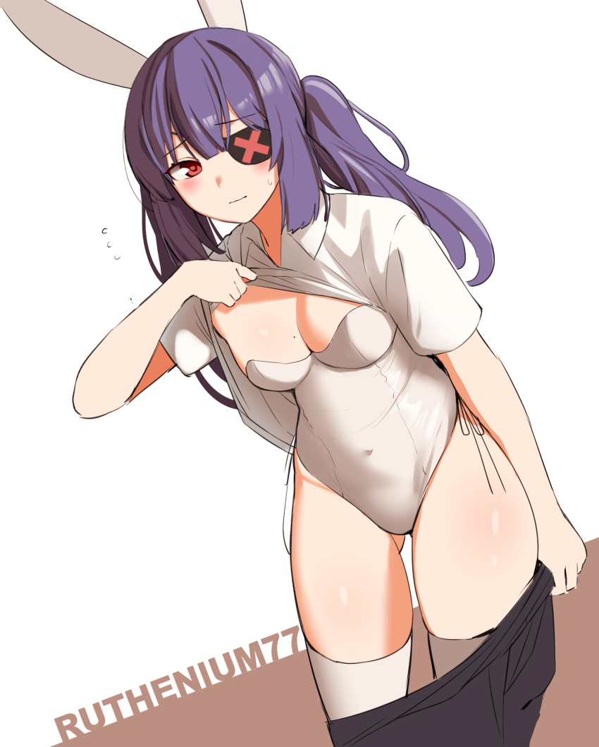 1girl animal_ears ass_visible_through_thighs black_eyepatch black_skirt blush breasts clothes_lift clothes_pull collared_shirt eyebrows_visible_through_hair eyepatch flying_sweatdrops highres leotard long_hair looking_at_viewer meettheton mole mole_on_breast original purple_hair rabbit_ears red_eyes school_uniform shirt shirt_lift skirt skirt_pull small_breasts solo thigh-highs thighs twintails undressing white_legwear white_leotard white_shirt