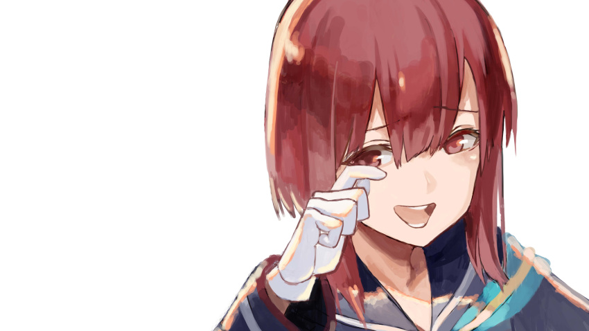 1girl :d absurdres blue_sailor_collar blue_shirt bob_cut gloves hands_up highres inverted_bob kantai_collection laughing looking_at_viewer luicent medium_hair open_mouth red_eyes redhead rubbing_eyes sailor_collar school_uniform serafuku shirt simple_background smile solo tears upper_body white_background white_gloves wiping_tears z3_max_schultz_(kancolle)