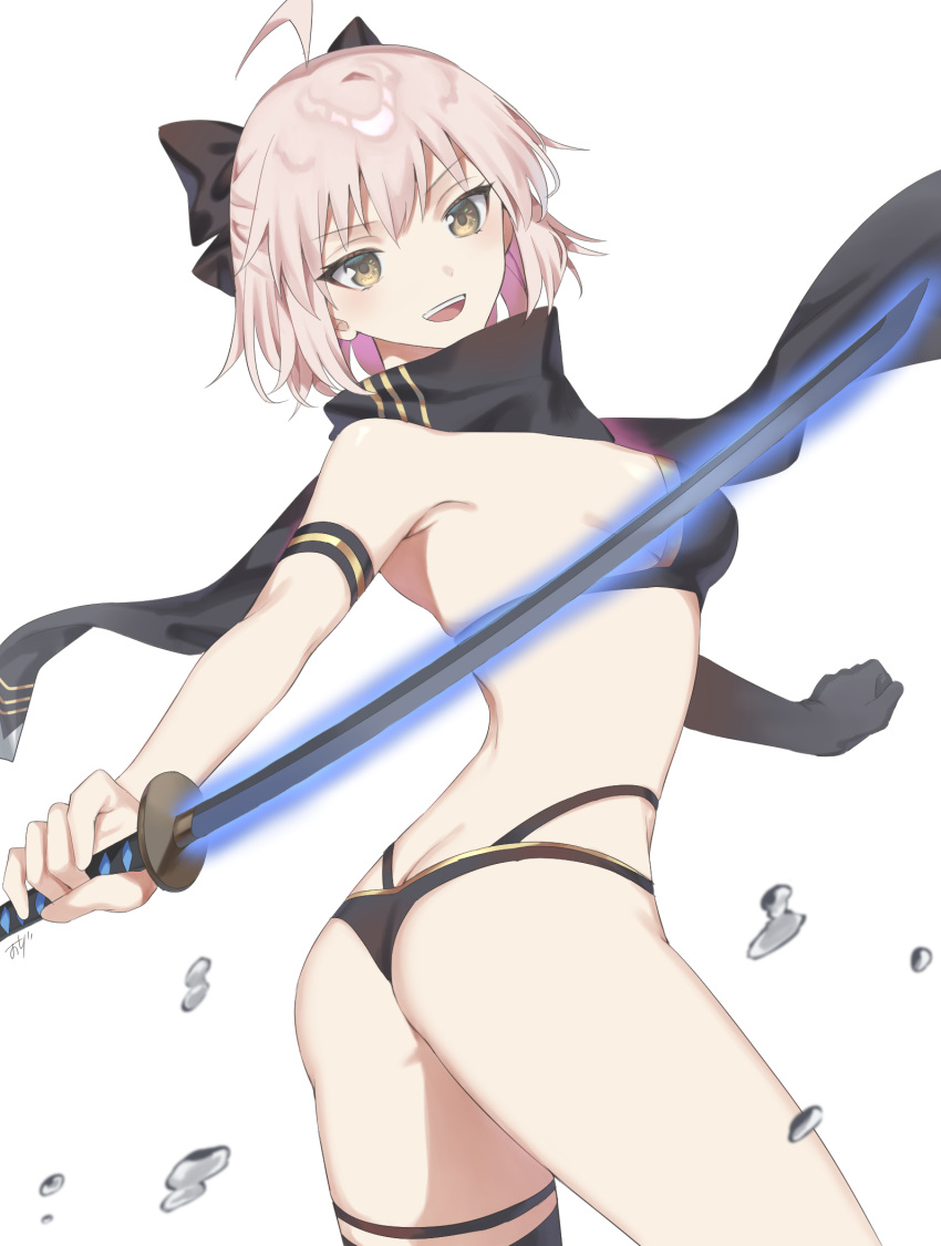 1girl :d ahoge ass asymmetrical_gloves bangs bikini black_bikini black_gloves black_hairband black_scarf breasts brown_eyes cowboy_shot elbow_gloves eyebrows_visible_through_hair fate/grand_order fate_(series) from_side gloves hairband highres holding holding_sword holding_weapon looking_at_viewer medium_breasts multi-strapped_bikini okita_souji_(fate)_(all) okita_souji_(swimsuit_assassin)_(fate) open_mouth oshage_(user_kpsn5534) scarf shiny shiny_hair short_hair sideboob silver_hair single_glove smile solo standing swimsuit sword weapon white_background