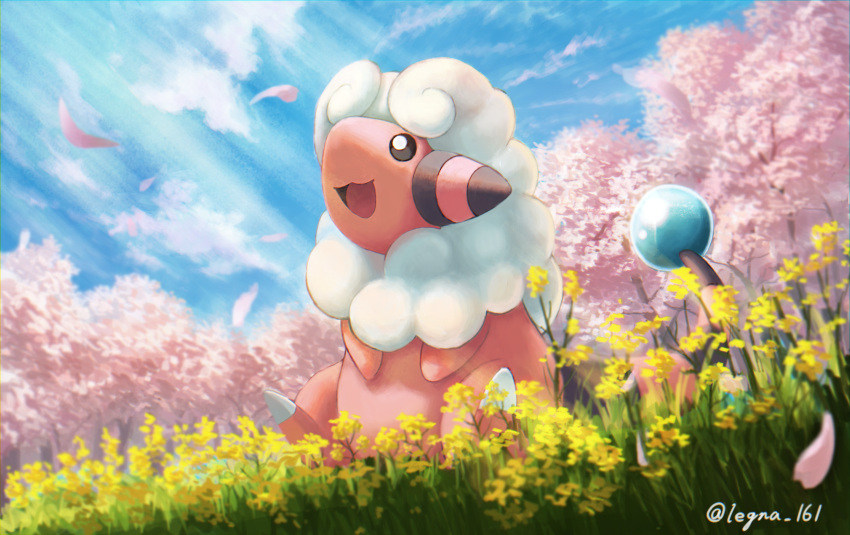 :d black_eyes clouds commentary_request day flaaffy flower gen_2_pokemon grass highres legna_(legna_161cm) looking_up no_humans open_mouth outdoors petals pokemon pokemon_(creature) sitting sky smile solo tongue tree yellow_flower