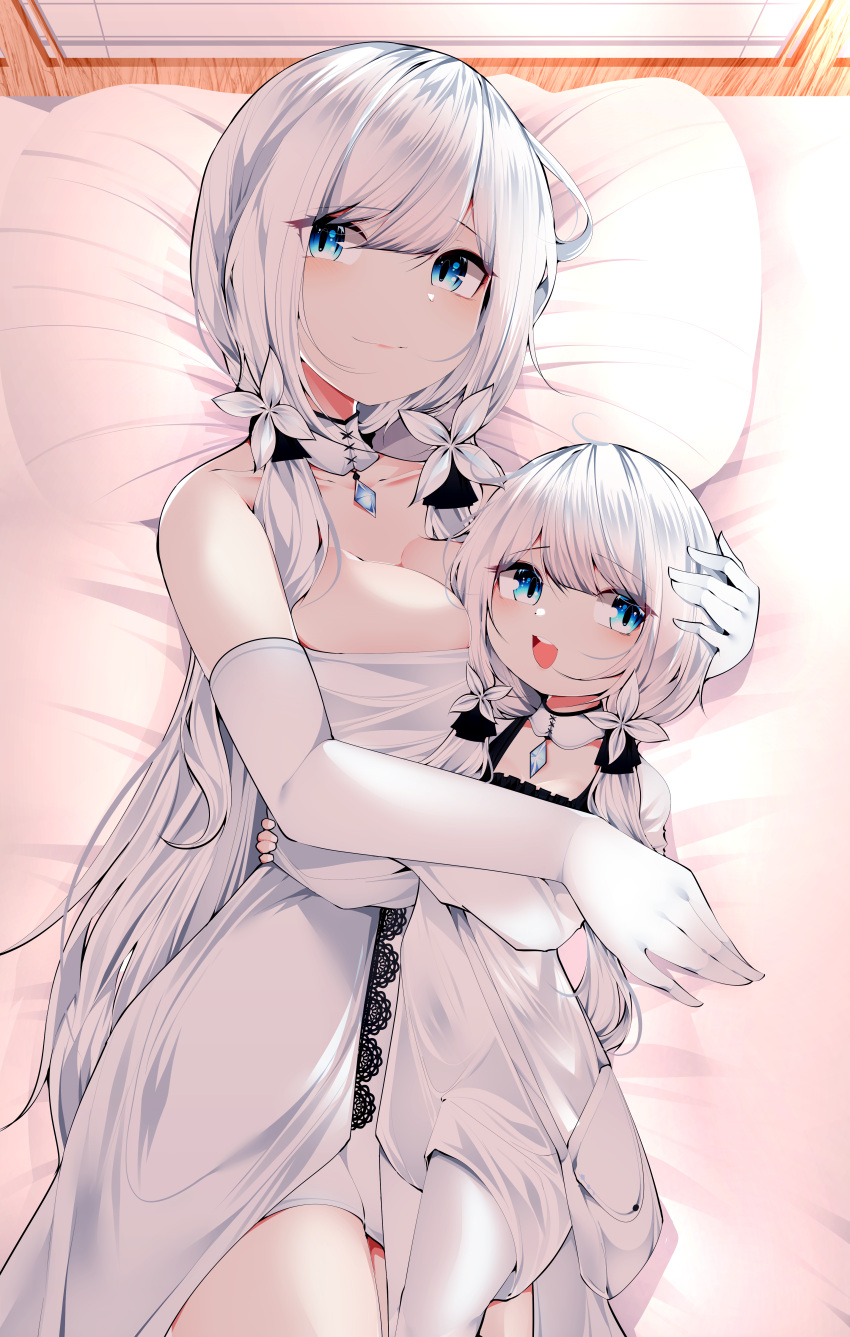 2girls :d absurdres azur_lane bangs bare_shoulders bed blue_eyes blunt_bangs breasts choker collarbone crystal dress elbow_gloves eyebrows_visible_through_hair flower gem gloves hair_flower hair_ornament highres hug illustrious_(azur_lane) large_breasts little_illustrious_(azur_lane) loli low_twintails lying multiple_girls on_back open_mouth pillow samip smile strapless strapless_dress twintails white_choker white_dress white_gloves white_hair white_legwear