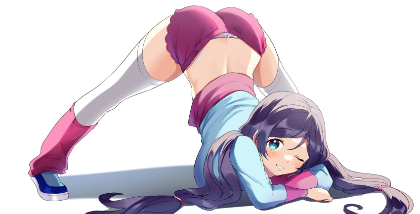 1girl absurdres aqua_eyes arm_support ass blue_footwear blush breasts full_body highres jack-o'_challenge kazehana_(spica) large_breasts leg_warmers long_hair long_sleeves looking_at_viewer love_live! low_twintails one_eye_closed panties parted_lips pink_shorts purple_hair purple_panties short_shorts shorts simple_background smile solo spread_legs thigh-highs top-down_bottom-up toujou_nozomi twintails underwear very_long_hair white_background white_legwear