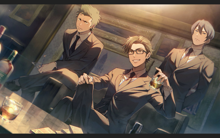 3boys ace_of_diamond alcohol black_hair black_jacket black_pants black_suit blue_eyes brown_eyes brown_hair closed_mouth crossed_legs cup formal furuya_satoru glasses highres holding holding_cup jacket kuramochi_youichi mafia male_focus miyuki_kazuya multiple_boys necktie pants sato_(sato_1_11) serious short_hair sideburns sitting smile standing suit teeth