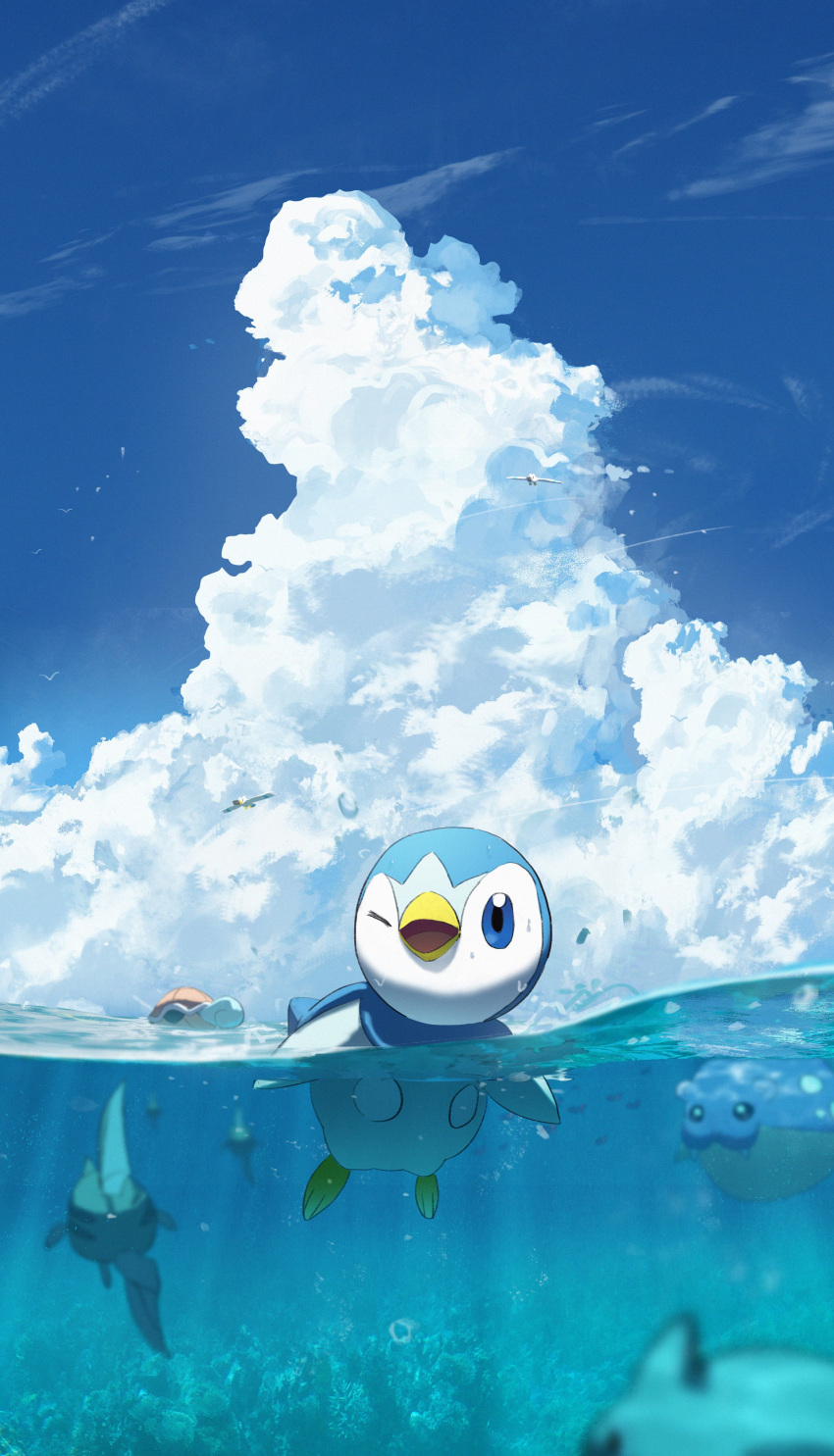 absurdres asteroid_ill bird blue_sky clouds commentary_request day fangs fish gen_1_pokemon gen_2_pokemon gen_3_pokemon gen_4_pokemon highres no_humans ocean open_mouth outdoors piplup pokemon pokemon_(creature) remoraid sky spheal squirtle swimming underwater water wingull