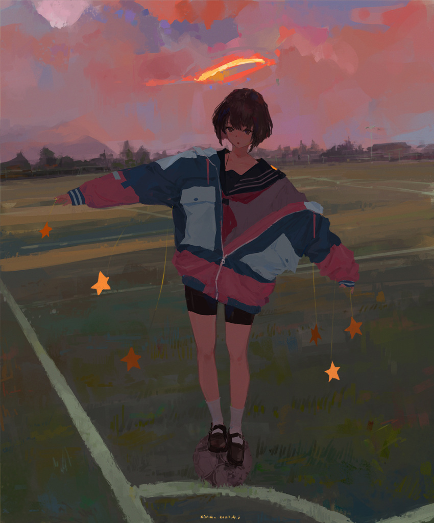 1girl brown_hair building clouds evening field full_body halo highres jacket original outstretched_arms scenery school_uniform serafuku shoes short_hair shorts sky socks solo standing star_(symbol) tree xilmo