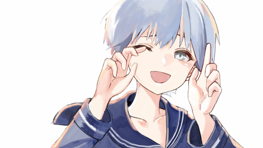 1girl :d absurdres blue_sailor_collar blue_shirt hands_up highres kantai_collection laughing looking_at_viewer luicent open_mouth rubbing_eyes sailor_collar school_uniform serafuku shirt simple_background smile solo tears upper_body white_background wiping_tears z1_leberecht_maass_(kancolle)
