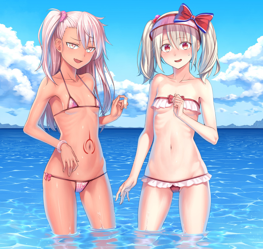 absurdres bandaid bangs bare_shoulders bikini blush bracelet breasts chloe_von_einzbern clouds collarbone dark-skinned_female dark_skin eyebrows_visible_through_hair fate/grand_order fate/kaleid_liner_prisma_illya fate_(series) hair_ornament hair_scrunchie highres illyasviel_von_einzbern illyasviel_von_einzbern_(swimsuit_archer)_(fate) jewelry long_hair looking_at_viewer navel ocean one_side_up open_mouth orange_eyes orochi_itto partially_submerged pink_hair red_eyes scrunchie side_ponytail small_breasts smile stomach_tattoo sweatdrop swimsuit tattoo twintails visor_cap wading water wet white_hair