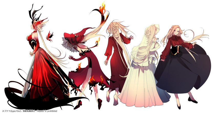 1girl absurdres bare_shoulders blonde_hair blush breasts bridal_veil burnt_clothes collared_dress commentary_request corset dress elbow_gloves fire frilled_dress frilled_sleeves frills from_behind genshin_impact gloves hat highres large_breasts long_hair looking_at_viewer open_mouth pleated_skirt red_dress signora_(genshin_impact) skirt tagme veil violet_eyes wedding_dress white_background witch_hat you10u2