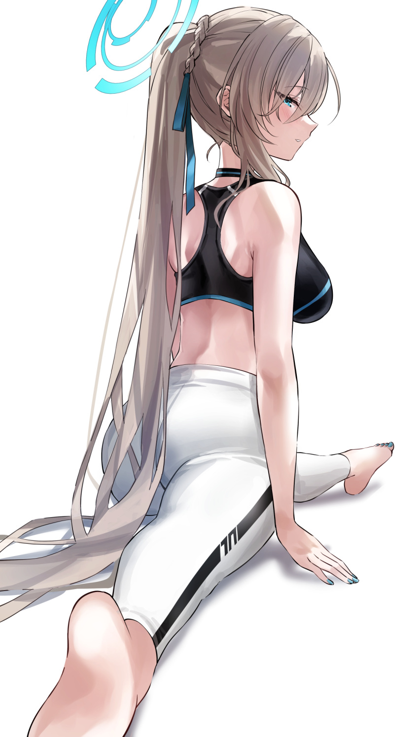 1girl alternate_costume asuna_(blue_archive) barefoot blue_archive blue_eyes blush braid breasts flexible from_behind hair_ornament halo highres light_brown_hair long_hair medium_breasts nail_polish ponpon_nun ponytail ribbon simple_background soles solo split sports_bra stretch white_background