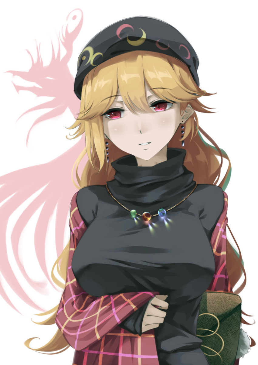 1girl alternate_costume alternate_headwear bag black_dress breasts dress earrings eyebrows_visible_through_hair hair_between_eyes handbag highres jewelry junko_(touhou) large_breasts light_smile long_hair long_sleeves necklace orange_hair otomeza_ryuseigun red_eyes shawl solo tassel tassel_earrings touhou turtleneck white_background