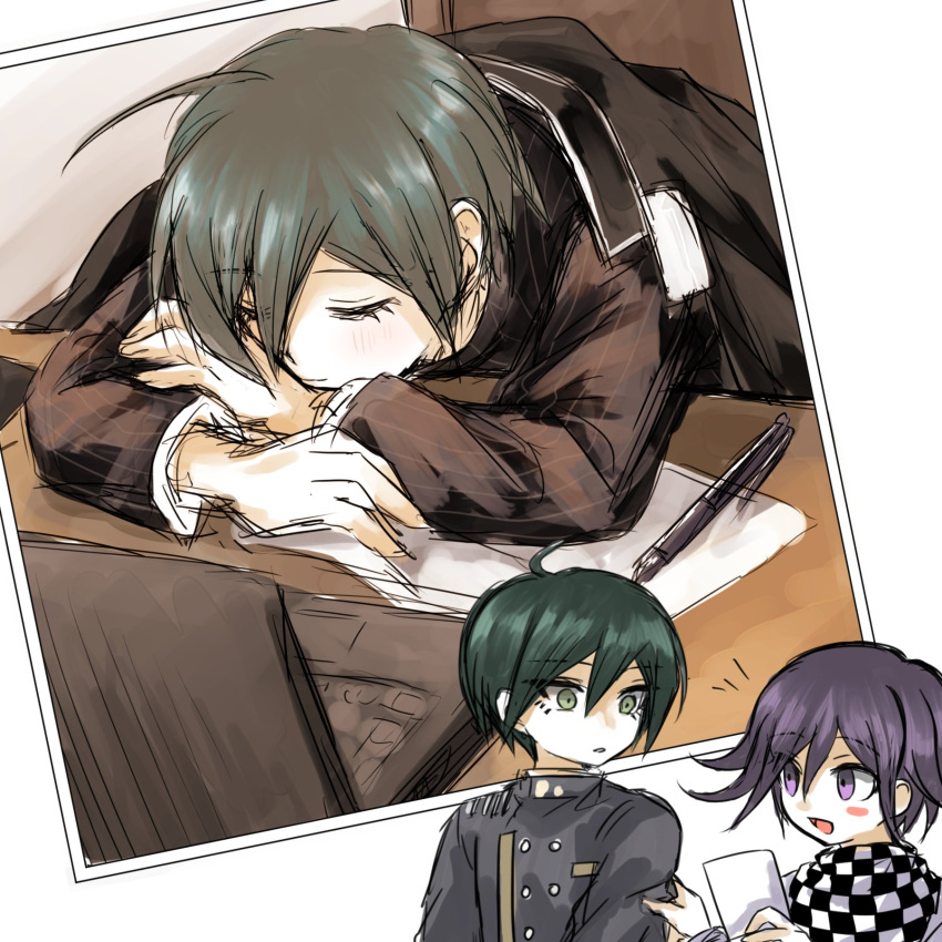 2boys ahoge bangs black_hair blush_stickers buttons checkered checkered_neckwear checkered_scarf commentary_request computer dangan_ronpa_(series) dangan_ronpa_v3:_killing_harmony double-breasted gakuran green_eyes hair_between_eyes highres jacket laptop long_sleeves looking_at_another male_focus multiple_boys multiple_views open_mouth ouma_kokichi pen photo_(object) purple_hair saihara_shuuichi scarf school_uniform short_hair simple_background sketch sleeping smile striped striped_jacket uyamuya_(buta) violet_eyes white_background