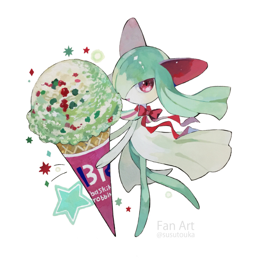1girl absurdres acrylic_paint_(medium) artist_name bangs baskin-robbins bow colored_skin commentary_request diamond_(shape) english_text flat_chest food full_body gen_3_pokemon green_hair green_skin hair_over_one_eye happy highres holding holding_food ice_cream_cone kirlia leg_up long_hair looking_at_viewer multicolored multicolored_skin open_mouth oversized_food painting_(medium) pokemon pokemon_(creature) red_bow red_eyes red_ribbon ribbon shiny shiny_hair simple_background smile solo standing standing_on_one_leg star_(symbol) susutouka traditional_media twitter_username two-tone_skin watermark white_background white_skin