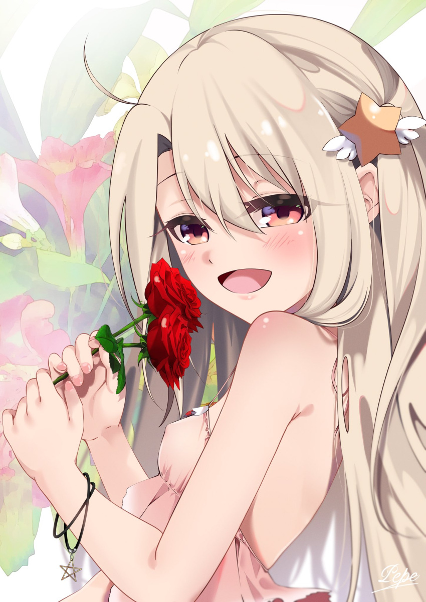 1girl back_cutout bare_shoulders blonde_hair blush clothing_cutout dress eyebrows_visible_through_hair fate/kaleid_liner_prisma_illya fate_(series) flower from_side highres illyasviel_von_einzbern long_hair magical_ruby open_mouth pei_iriya red_eyes smile solo