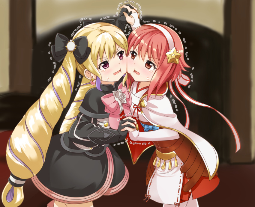 2girls blonde_hair bow cape cheek-to-cheek dress elise_(fire_emblem) fire_emblem fire_emblem_fates gloves hair_bow hair_ribbon hairband heads_together japanese_clothes long_hair multiple_girls nichika_(nitikapo) open_mouth purple_hair red_eyes redhead ribbon sakura_(fire_emblem) short_hair sweat tearing_up thigh-highs trembling twintails violet_eyes