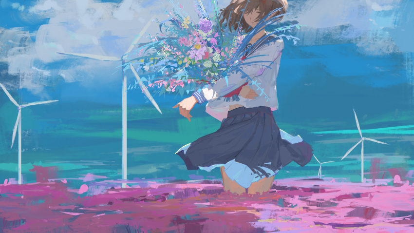 1girl absurdres brown_hair closed_eyes closed_mouth clouds day flower highres holding holding_flower original scenery school_uniform serafuku short_hair skirt sky solo standing uniform wind_turbine xilmo