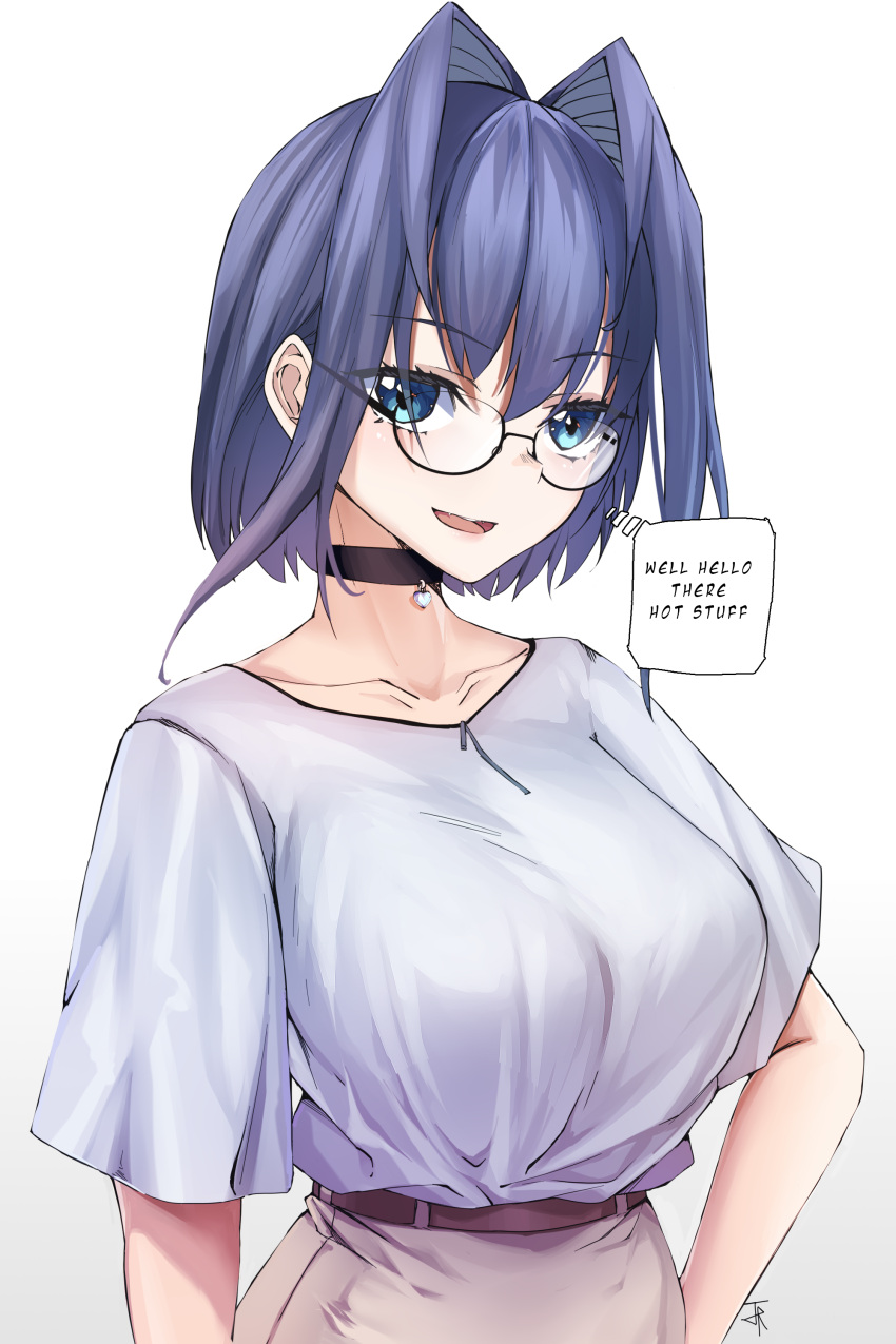 1girl 2ndeminence :d absurdres arms_at_sides bangs beige_skirt blue_eyes blue_hair breasts choker collarbone commentary english_commentary english_text eyebrows_visible_through_hair eyelashes fang glasses hair_between_eyes hair_intakes hand_on_hip heart heart_collar highres hololive hololive_english large_breasts looking_at_viewer open_mouth ouro_kronii shirt shirt_tucked_in short_hair signature simple_background smile smug solo upper_body virtual_youtuber white_background white_shirt