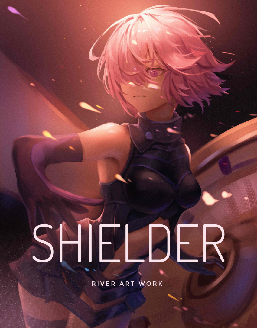 1girl absurdres anklet armor artist_name ashes bare_shoulders black_armor black_background black_gloves boobplate character_name closed_mouth clothing_cutout commentary_request elbow_gloves english_text fate/grand_order fate_(series) floating_hair gloves hair_over_one_eye highres holding holding_shield holding_weapon jewelry looking_away mash_kyrielight navel_cutout one_eye_covered painttool_sai_(medium) pink_eyes pink_hair river_(river_ga) shield short_hair solo upper_body weapon