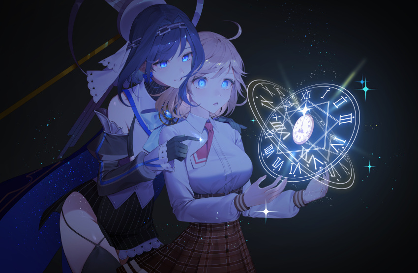 2girls absurdres ahoge black_background black_gloves black_legwear black_skirt blonde_hair blue_bow blue_eyes blue_hair bow breasts brown_skirt clock collared_shirt commentary cowboy_shot dark detached_sleeves dress_shirt eyebrows_visible_through_hair gem gloves glowing hair_intakes hana3901 head_chain headpiece highres hololive hololive_english light_particles long_sleeves medium_breasts miniskirt multiple_girls necktie open_mouth ouro_kronii parted_lips plaid plaid_skirt pocket_watch red_neckwear roman_numeral sapphire_(gemstone) shirt shirt_tucked_in short_hair short_necktie skirt smile sparkle striped thigh-highs thighs veil vertical-striped_skirt vertical_stripes virtual_youtuber watch watson_amelia white_shirt wide-eyed wing_collar