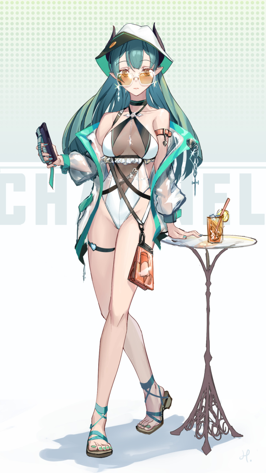 1girl bangs barefoot_sandals breasts breasts_apart bucket_hat cellphone chinese_commentary collarbone criss-cross_halter cup demon_girl demon_horns drinking_straw green_hair green_nails halterneck han_(ozrfour) hat highres holding holding_phone horns karon_(vtuber) karon_official long_hair medium_breasts nijisanji phone pointy_ears smartphone solo sunglasses swimsuit table virtual_youtuber virtuareal white_headwear white_swimsuit