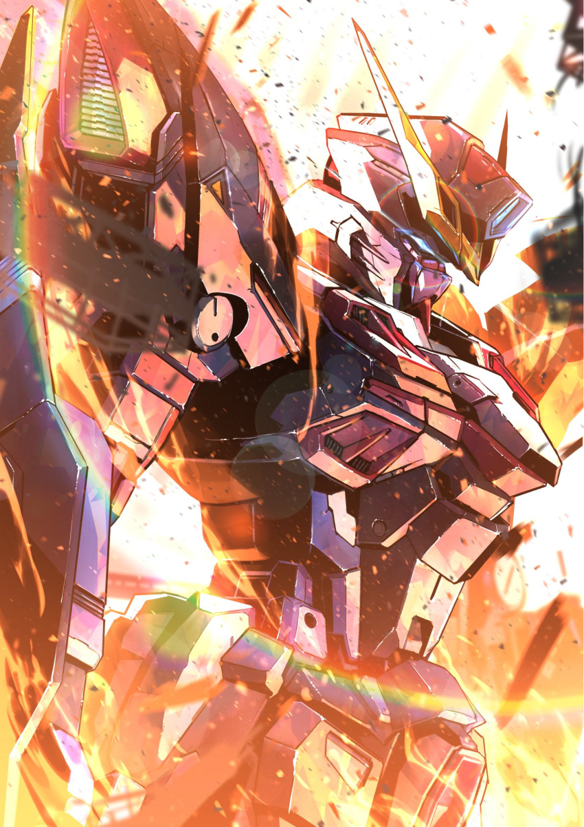 blitz_gundam blue_eyes from_side glowing glowing_eye gundam gundam_seed highres kuri_giepi lens_flare looking_down mecha mobile_suit no_humans solo