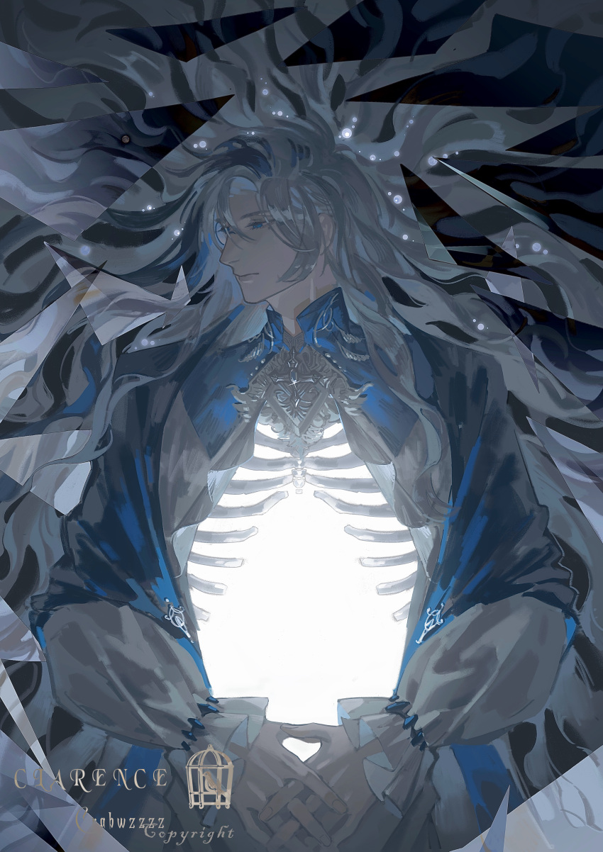 1boy absurdres artist_name blue_eyes blue_hair blue_shawl brooch character_name clarence_clayden closed_mouth crabwzzzz curtained_hair expressionless frilled_sleeves frills hair_spread_out highres hollow_body interlocked_fingers jewelry long_hair long_sleeves looking_to_the_side lovebrush_chronicles male_focus mole mole_under_eye monocle multicolored_hair official_alternate_hair_color open_clothes open_shirt own_hands_together parted_bangs profile ribs second-party_source shards shawl shirt solo streaked_hair upper_body v_arms wavy_hair white_hair white_shirt