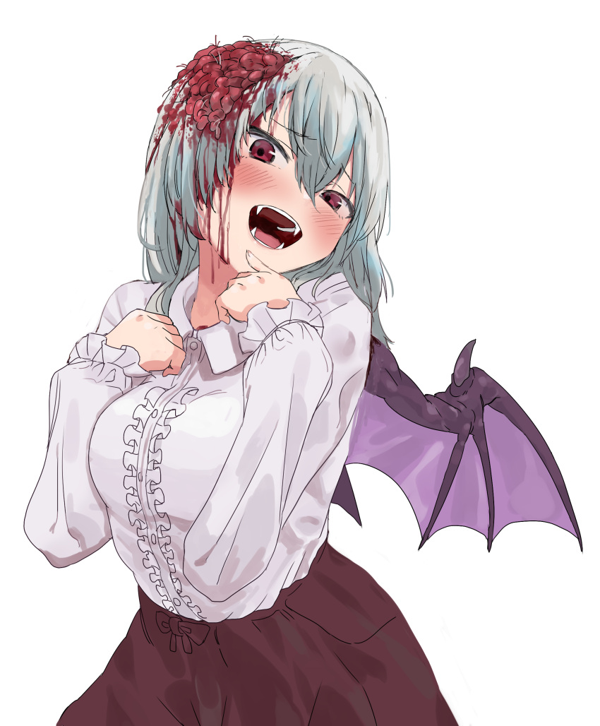 1girl :d absurdres bat_wings blood blood_on_face blush brain breasts center_frills commentary_request cowboy_shot exposed_brain eyebrows_visible_through_hair fangs finger_to_own_chin frills guro hair_between_eyes hands_up head_tilt highres injury large_breasts long_sleeves looking_at_viewer okbnkn open_mouth original puffy_sleeves purple_skirt red_eyes shirt silver_hair simple_background skirt smile solo uneven_eyes vampire white_background white_shirt wings