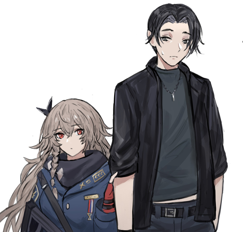 1boy 1girl absurdres black_hair black_jacket girls_frontline height_difference highres holding_another's_arm jacket long_hair metal red_eyes selcky sp9_(girls_frontline) very_long_hair