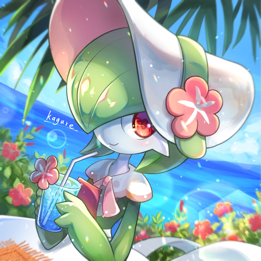 1girl bonnet bubble colored_skin drinking_straw flower gardevoir gen_3_pokemon green_hair highres ice kagure_(karaguren) lens_flare looking_at_viewer no_humans ocean placemat pokemon pokemon_(game) pokemon_unite red_eyes smile soda summer table white_skin