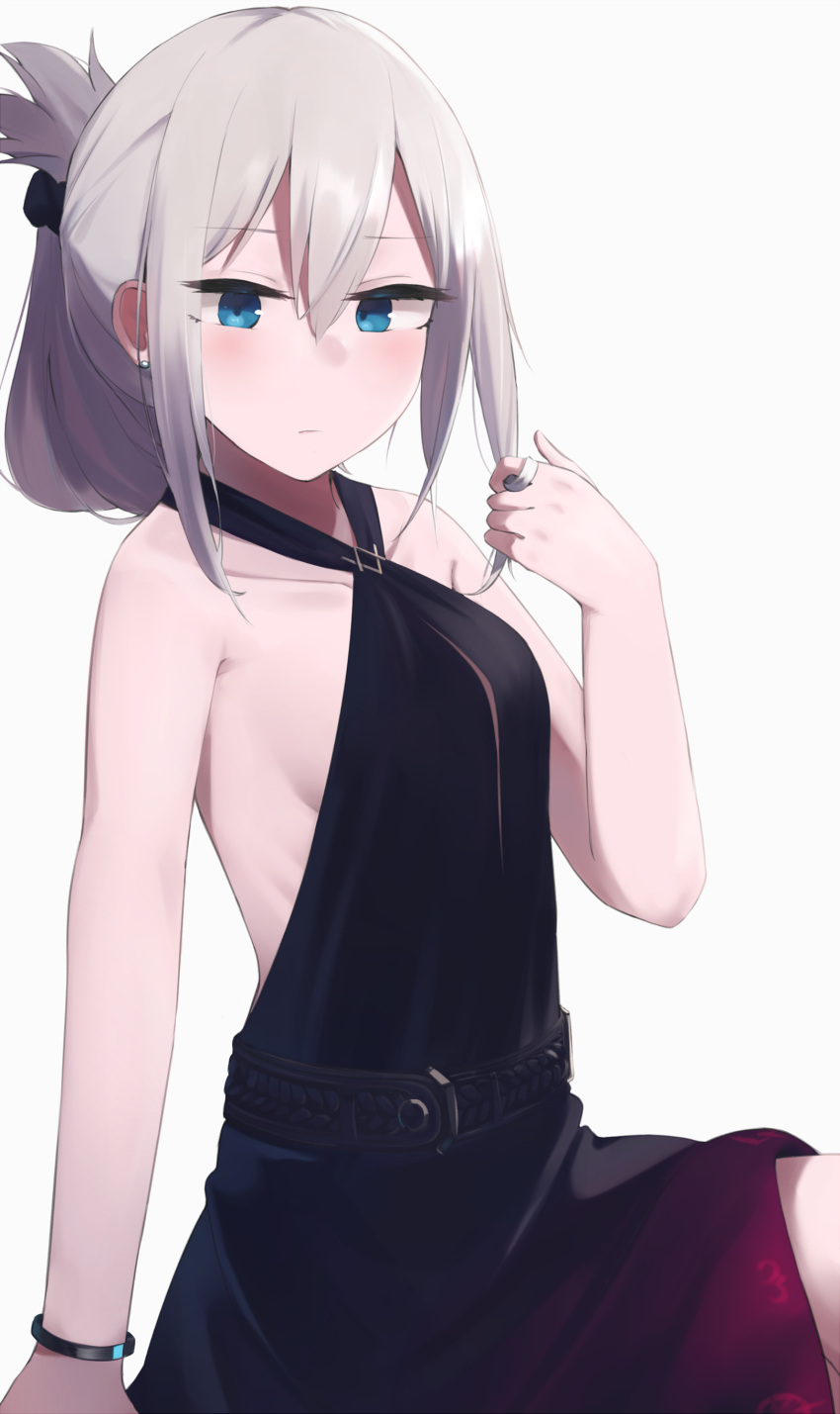 1girl absurdres an-94_(girls_frontline) bangs belt black_dress blue_eyes blush bracelet breasts cowboy_shot dress girls_frontline hair_between_eyes hair_twirling halterneck highres hinami047 jewelry looking_at_viewer sidelocks simple_background small_breasts solo strapless strapless_dress white_background
