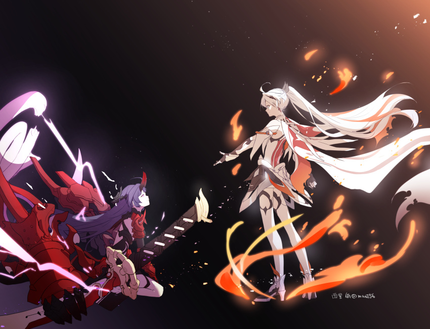 2girls antenna_hair armor bangs bare_shoulders barefoot black_background blue_eyes boots cape closed_mouth disembodied_limb electricity fire full_body gauntlets hair_between_eyes hair_ornament highres holding holding_sword holding_weapon honkai_(series) honkai_impact_3rd horns japanese_armor katana kiana_kaslana kiana_kaslana_(herrscher_of_flamescion) long_hair looking_at_another mamt56 multiple_girls outstretched_arm ponytail purple_hair raiden_mei raiden_mei_(herrscher_of_thunder) seiza sheath sheathed single_gauntlet sitting standing sword thigh-highs thigh_boots torn_cape torn_clothes violet_eyes weapon white_footwear white_hair
