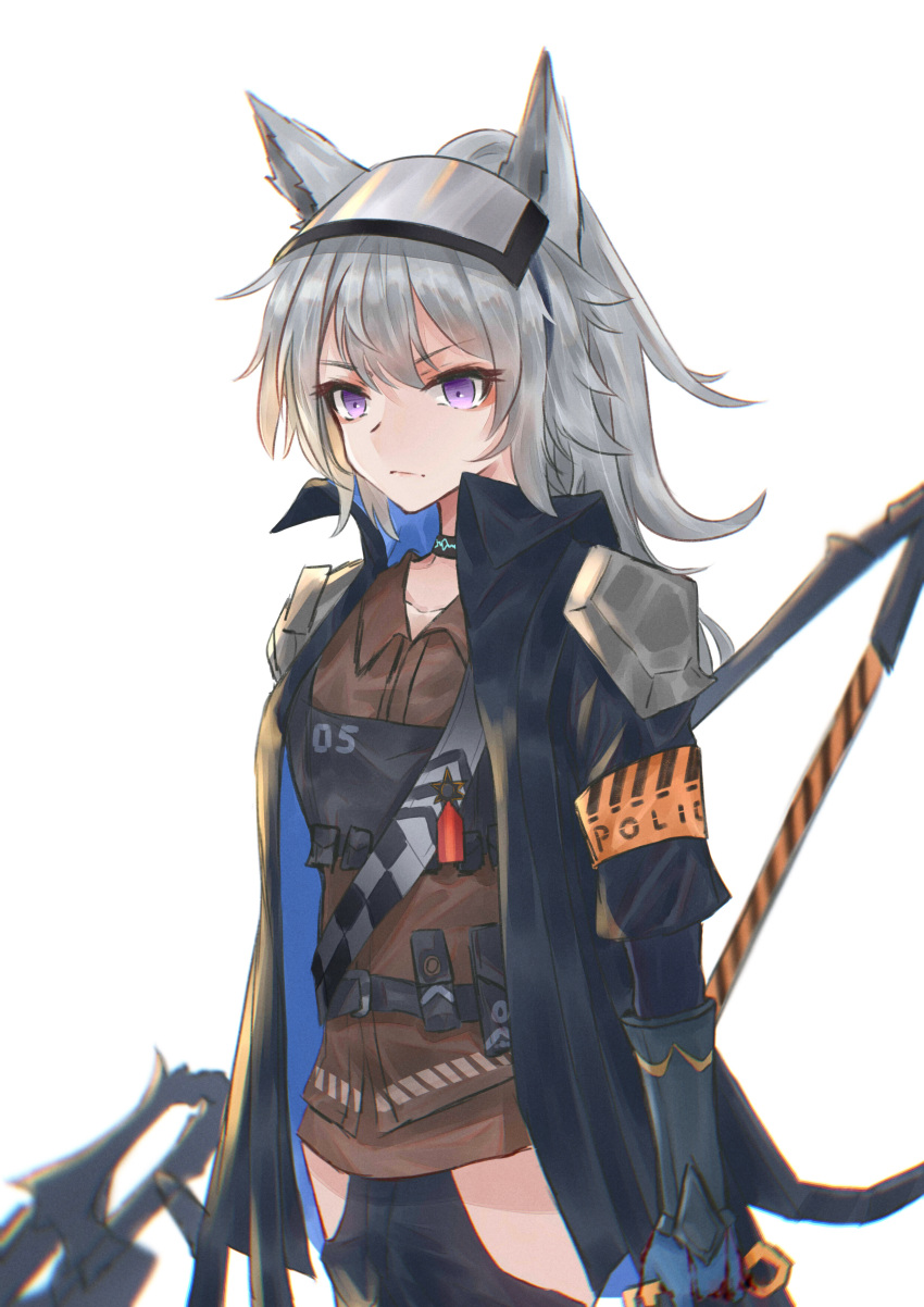 1girl absurdres animal_ears arknights armband belt belt_pouch black_choker black_coat black_gloves black_pants brown_shirt choker closed_mouth coat cowboy_shot dafenpipixia eyebrows_visible_through_hair flat_chest gloves grani_(arknights) hair_between_eyes highres hip_vent holding holding_weapon horse_ears infection_monitor_(arknights) looking_ahead medium_hair open_clothes open_coat pants ponytail pouch shirt solo v-shaped_eyebrows violet_eyes visor_cap weapon