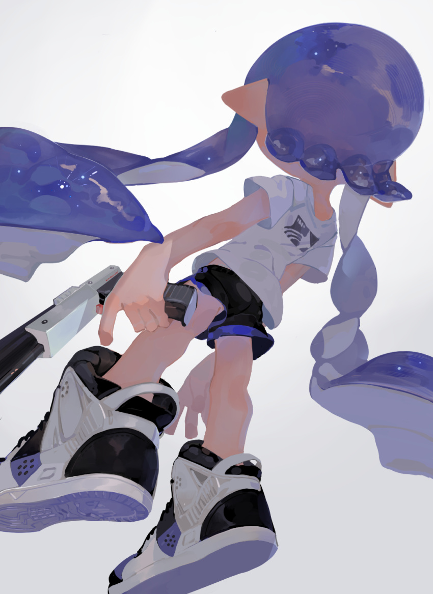 1girl aspara black_shorts from_behind full_body gun highres holding holding_gun holding_weapon inkling long_hair pointy_ears purple_hair shoes shorts simple_background solo splatoon_(series) standing tentacle_hair weapon