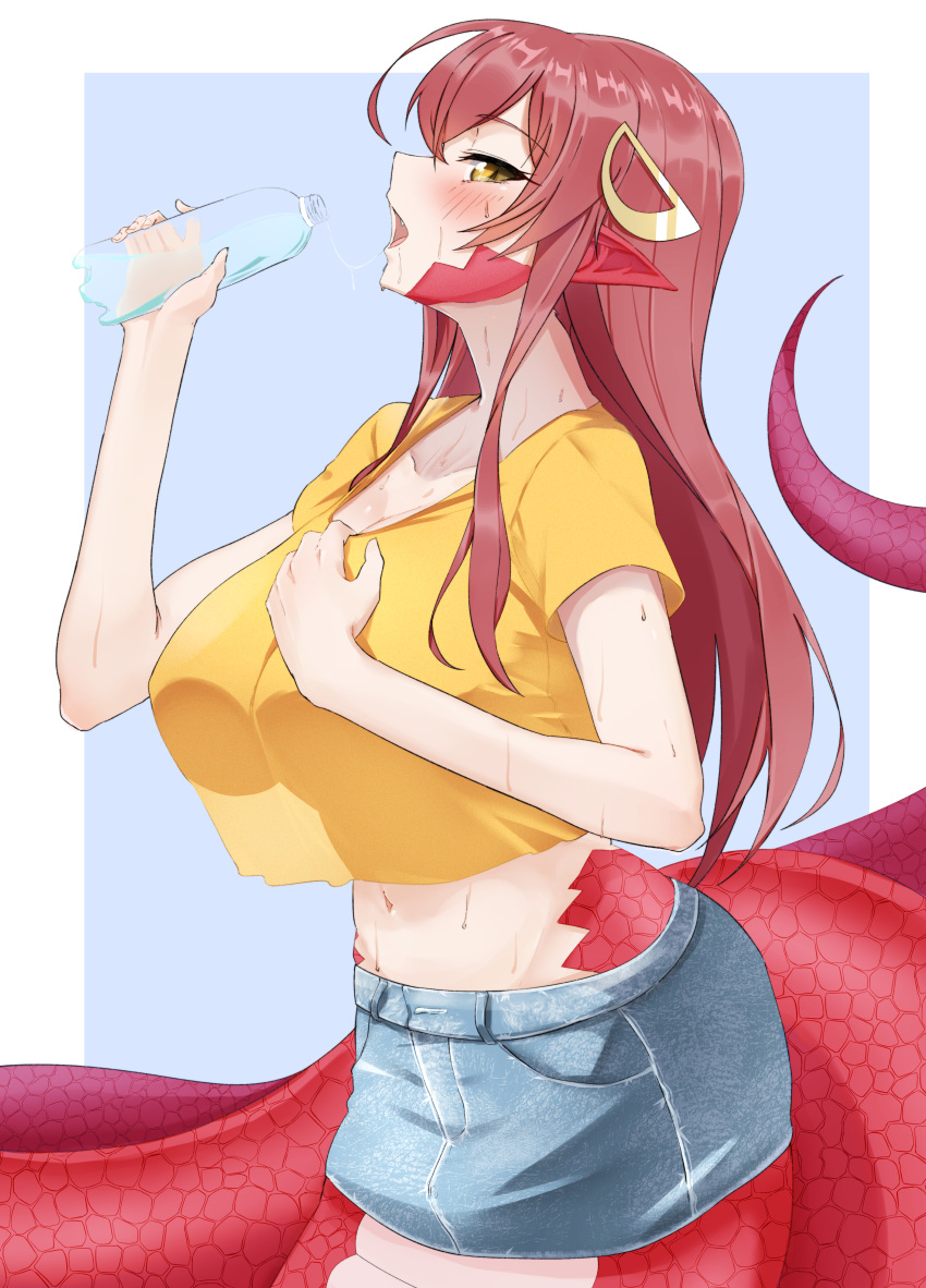 1girl 96nokimihito absurdres bangs blush bottle breasts collarbone commentary crop_top denim denim_skirt eyebrows_visible_through_hair fang from_side hair_between_eyes half-closed_eye hands_up highres holding holding_bottle huge_filesize lamia large_breasts long_hair miia_(monster_musume) miniskirt monster_girl monster_musume_no_iru_nichijou navel open_mouth plastic_bottle pointy_ears profile redhead saliva saliva_trail see-through_silhouette shirt short_sleeves simple_background skirt slit_pupils snake_tail solo sweat tail tongue water yellow_eyes yellow_shirt