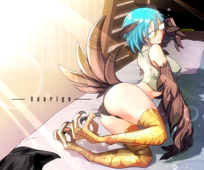 1girl animal_feet animal_hands ass bed bird_legs bird_tail black_panties black_skirt blue_eyes blue_hair brown_feathers brown_wings commentary_request eyebrows_visible_through_hair facial_mark feather_hair glasses grey_tank_top harpy highres looking_back mixed-language_commentary monster_girl on_bed opaque_glasses original panties parted_lips personification pillow ryuu_tou short_hair skirt skirt_removed sleepy solo tail tail_feathers talons tank_top underwear winged_arms wings