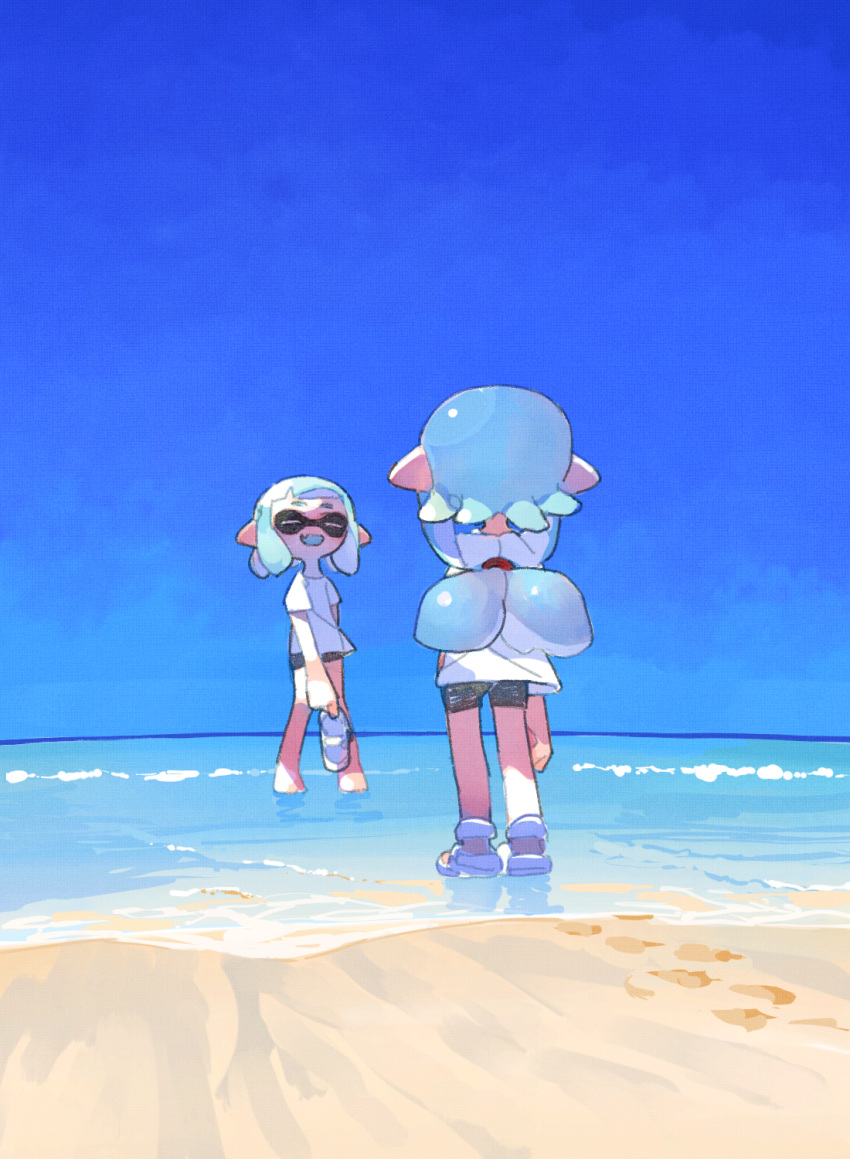 2girls aspara beach black_shorts blue_hair blue_sky closed_eyes from_behind full_body highres inkling long_hair looking_at_another multiple_girls open_mouth sandals sandals_removed shirt short_hair shorts sky smile splatoon_(series) standing tentacle_hair tied_hair white_shirt