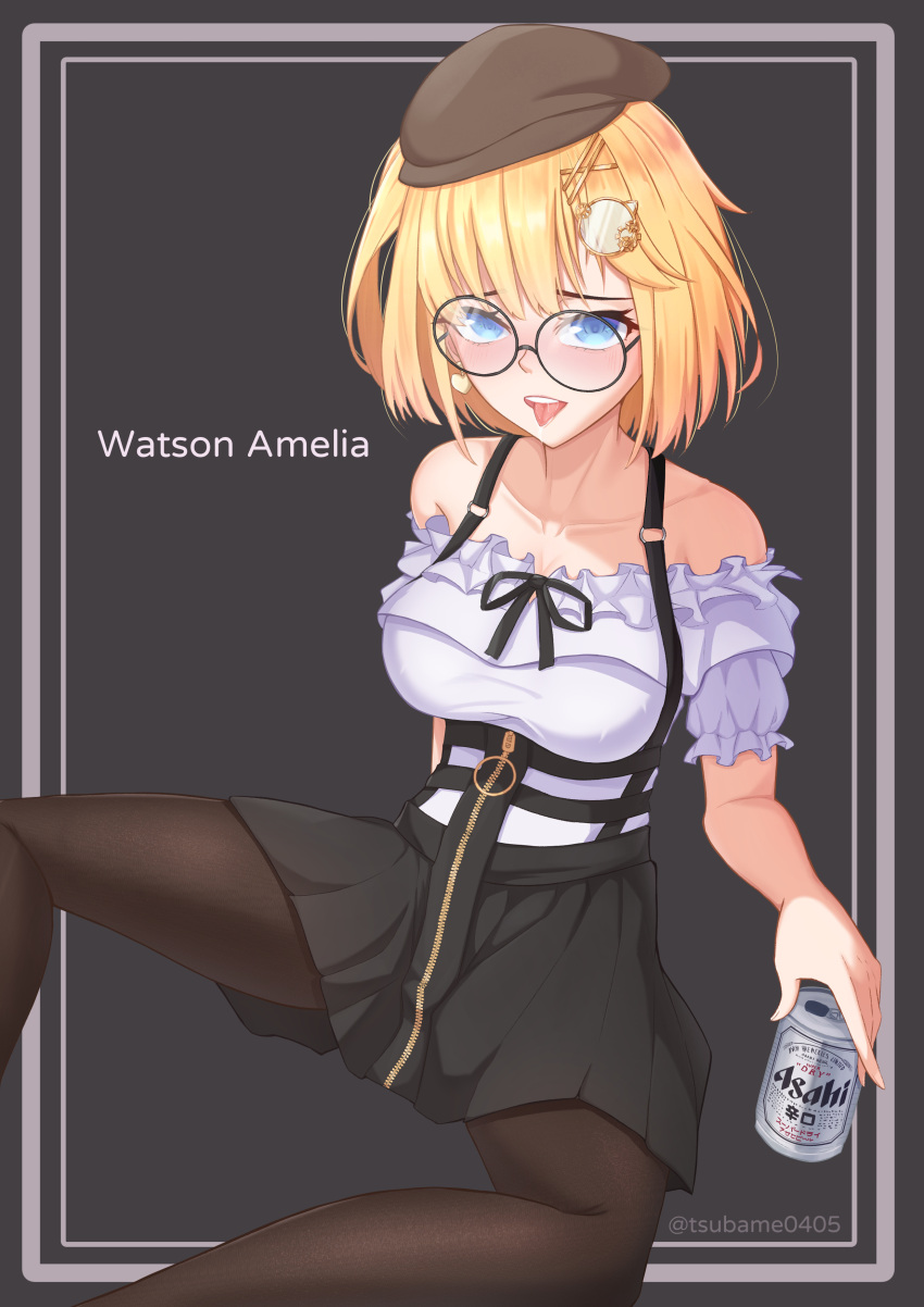 1girl absurdres alcohol bangs bare_shoulders beer beer_can beer_mug beret black_skirt blonde_hair blue_eyes blush bob_cut brown_headwear can cup earrings frilled_shirt frills glasses grey_background hair_between_eyes hair_ornament hat highres holding hololive hololive_english jewelry looking_at_viewer monocle_hair_ornament mug open_mouth pantyhose shirt short_hair single_earring sitting skirt solo spread_legs teeth thighs tongue tongue_out tsubame_tien virtual_youtuber watson_amelia white_shirt