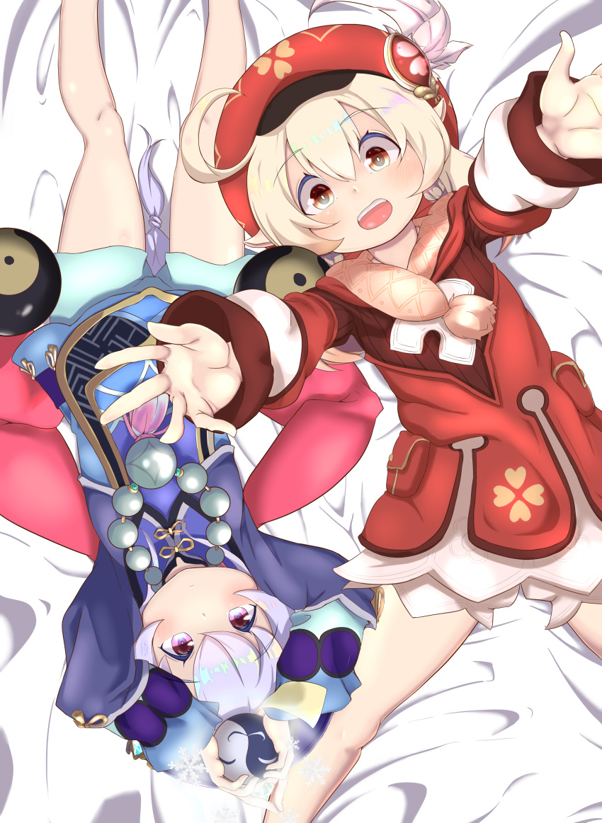 2girls :d absurdres ahoge aqua_shorts arms_up bangs bead_necklace beads bed_sheet bloomers brown_scarf cabbie_hat cape chinese_clothes clover_print coat commentary_request edake_(sd_2tousin) eyebrows_visible_through_hair genshin_impact hair_between_eyes hat hat_feather hat_ornament highres holding jewelry jiangshi klee_(genshin_impact) light_brown_hair long_hair long_sleeves low_twintails lying multiple_girls necklace no_gloves ofuda open_mouth orange_eyes orb outstretched_arms pocket pointy_ears purple_hair qing_guanmao qiqi_(genshin_impact) reaching_out red_coat red_headwear scarf shorts sidelocks smile snowflakes spread_arms twintails underwear upside-down violet_eyes vision_(genshin_impact) yin_yang yin_yang_orb