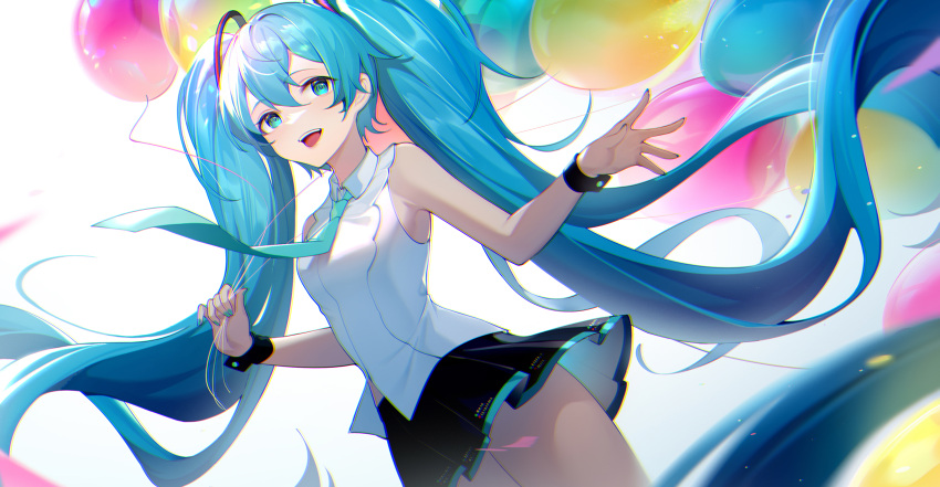 1girl absurdly_long_hair absurdres aqua_eyes aqua_hair aqua_nails aqua_neckwear balloon bare_shoulders black_skirt commentary cowboy_shot floating_hair hair_ornament hatsune_miku hatsune_miku_(nt) highres kojioo long_hair looking_to_the_side miniskirt nail_polish necktie open_mouth piapro pleated_skirt shirt skirt sleeveless sleeveless_shirt smile solo symbol-only_commentary twintails very_long_hair vocaloid white_shirt wrist_cuffs