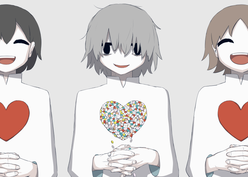 3boys :d absurdres avogado6 bags_under_eyes black_eyes brown_hair commentary_request false_smile grey_hair heart highres interlocked_fingers long_sleeves looking_at_viewer multiple_boys open_mouth original own_hands_together pill shirt smile white_shirt
