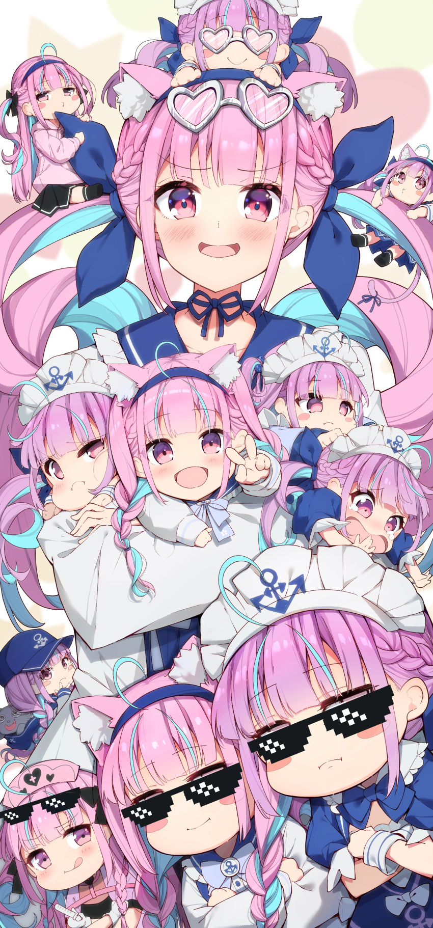 6+girls :d :q absurdres ahoge anchor_print animal_ear_fluff animal_ears bangs baseball_cap black_bow black_skirt blue_bow blue_choker blue_dress blue_hair blue_hairband blue_headwear blue_ribbon blue_sailor_collar bow braid cat_ears cat_girl cat_tail choker colored_inner_hair commentary_request crossed_arms darjeeling_(reley) deal_with_it dress drill_hair eyebrows_visible_through_hair eyewear_on_head frilled_sailor_collar frills frown hair_bow hair_ribbon hairband hat heart heart-shaped_eyewear highres holding holding_syringe hololive hood hood_down hoodie long_hair long_sleeves looking_at_viewer maid_headdress minato_aqua minigirl multicolored_hair multiple_girls neko_(minato_aqua) nurse_cap open_mouth pink_hair pink_headwear pink_hoodie puffy_short_sleeves puffy_sleeves red_eyes ribbon ribbon_choker sailor_collar school_uniform serafuku short_sleeves skirt smile sunglasses syringe tail tail_ornament tail_ribbon tearing_up tongue tongue_out twin_braids twin_drills two_side_up v violet_eyes virtual_youtuber wrist_cuffs