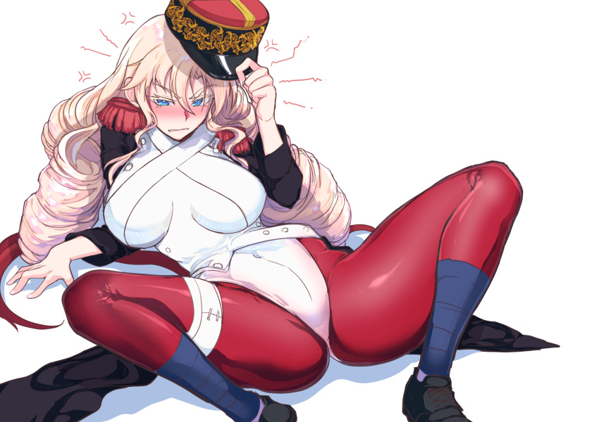 1girl adjusting_clothes adjusting_headwear anger_vein angry bangs black_footwear blonde_hair blue_eyes blush breasts commentary_request drill_hair epaulettes eyebrows_visible_through_hair fingernails hat highres large_breasts leotard long_hair mixed-language_commentary original personification red_legwear ryuu_tou simple_background skin_tight solo spread_legs thigh_strap very_long_hair white_background white_legwear