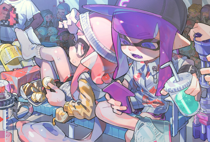 2girls aspara black_shorts character_request coin commentary cup gun headband holding holding_coin holding_cup holding_phone hood hoodie ink_tank_(splatoon) leaning_on_person long_hair looking_at_another looking_at_phone multiple_girls open_mouth phone pink_eyes pink_hair purple_hair shirt shoes shorts sitting slippers socks splatoon_(series) violet_eyes weapon white_footwear white_hoodie white_legwear white_shirt yellow_shirt