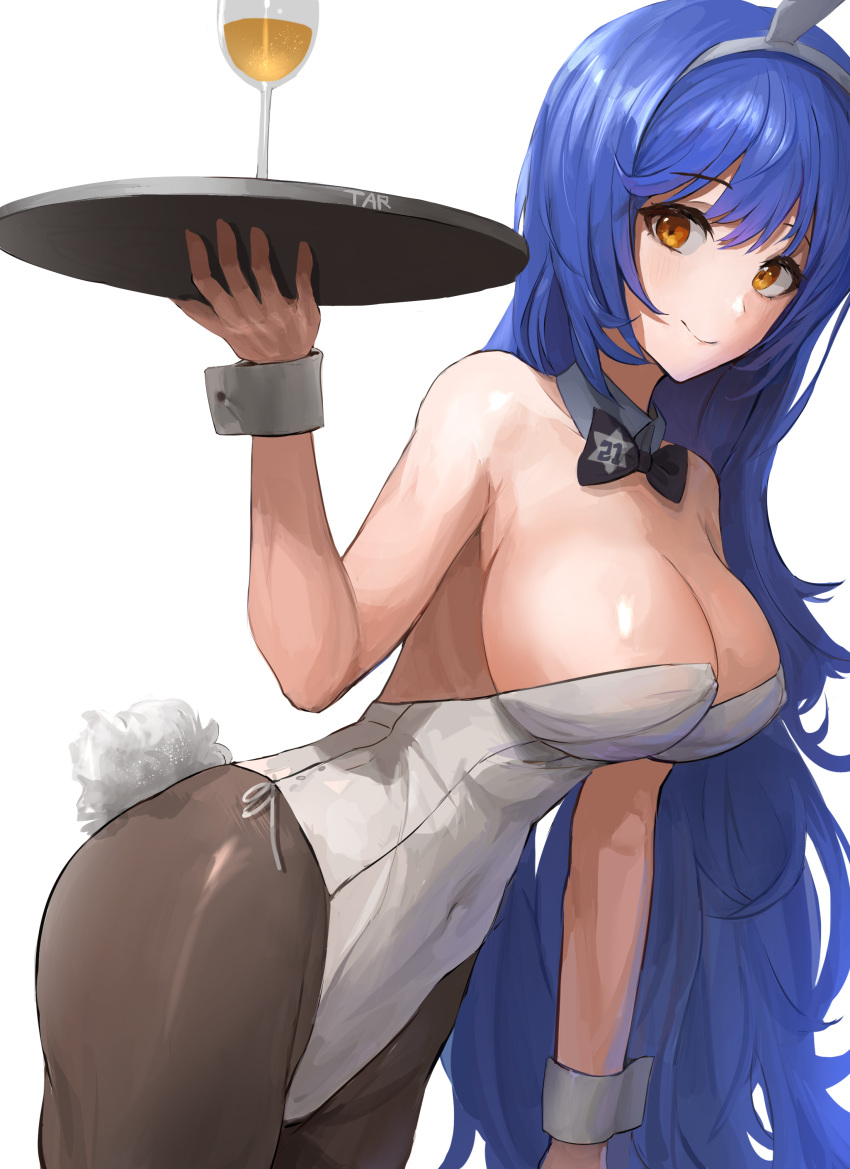 1girl absurdres animal_ears black_legwear black_neckwear blue_hair bow bowtie breasts chan1moon cup detached_collar drinking_glass fake_animal_ears girls_frontline highres holding holding_tray large_breasts leotard long_hair pantyhose playboy_bunny rabbit_ears rabbit_tail side-tie_leotard solo strapless strapless_leotard tail tar-21_(girls_frontline) tray white_leotard wrist_cuffs yellow_eyes