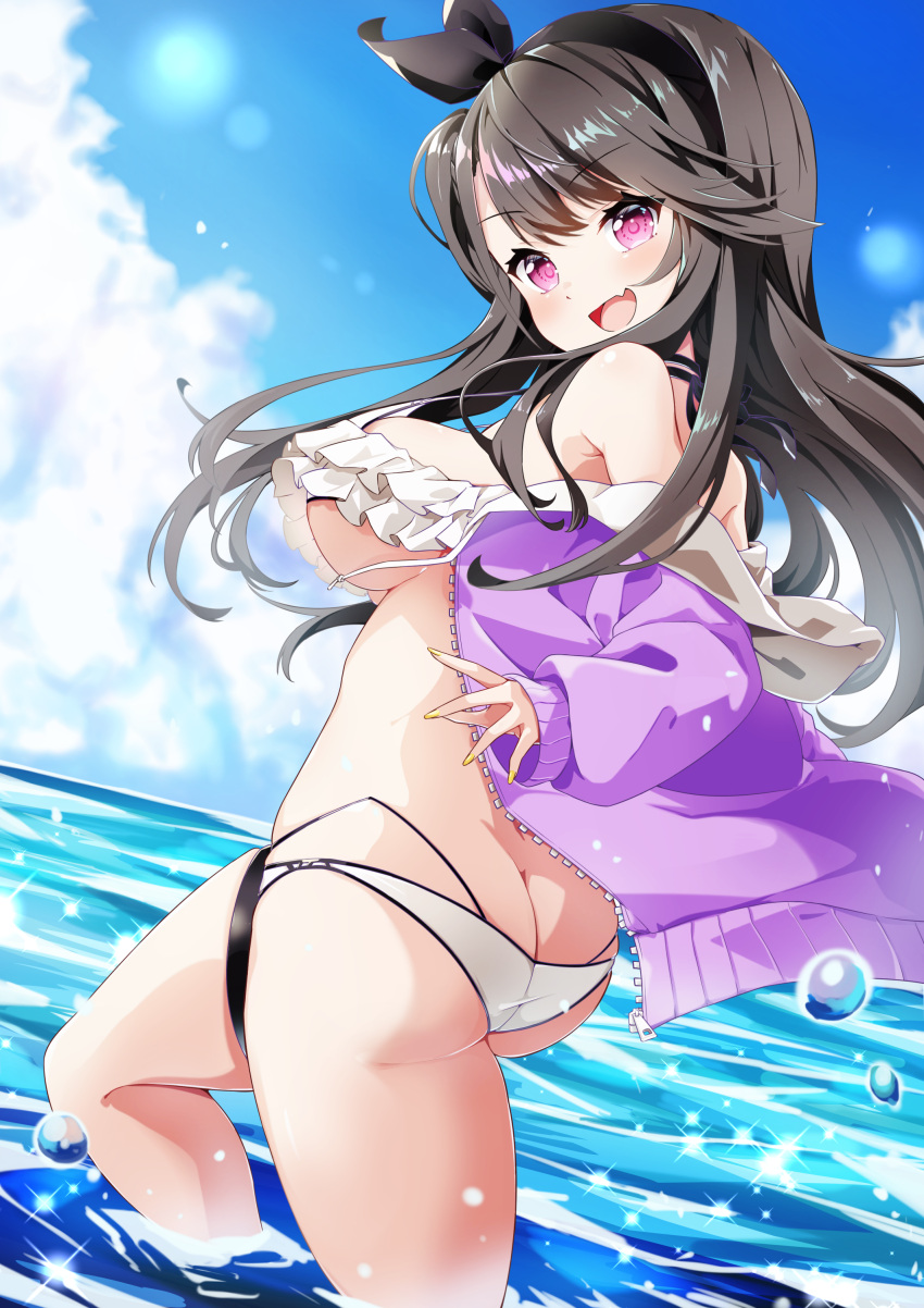 1girl :d absurdres ass azur_lane bangs bikini black_hair blue_sky bow breasts butt_crack coat commentary_request day fang frilled_bikini frills hair_bow hairband highres leer.meer lens_flare long_hair looking_at_viewer looking_to_the_side medium_breasts ocean open_mouth outdoors pamiat_merkuria_(azur_lane) purple_coat sideboob sky smile solo swimsuit thighs under_boob violet_eyes wading water_drop white_bikini